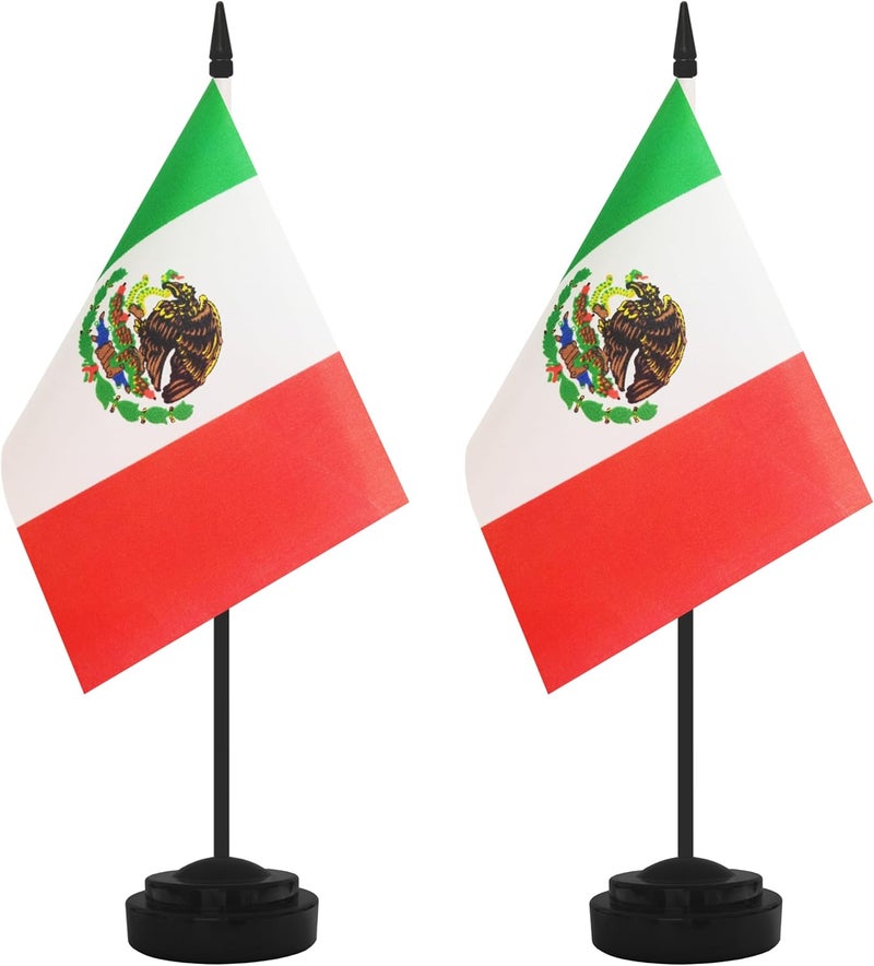 Yamiuo 2 Pack Mexico Desk Flag Set, Mexican Desktop Small Miniature Table Office Flag with 12" Black Pole and Black Base, Offices, Classroom, Home, Festival Decoration (Mexico) - Image 1